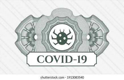 Das Emblem des grünen Passes. Vektorgrafik. Detaillierte Angaben mit Fehlersymbol und COVID-19-Text im Inneren