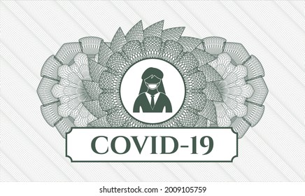 Green passport emblem. Vector Illustration. Detailed with woman wearing face mask icon and COVID-19 text inside