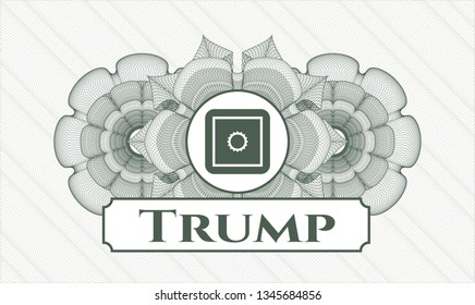 Green passport money rosette with bank safe icon and Trump text inside