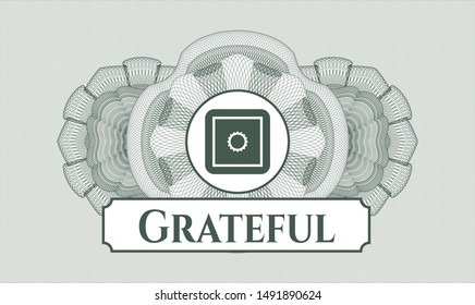 Green passport money rosette with bank safe icon and Grateful text inside