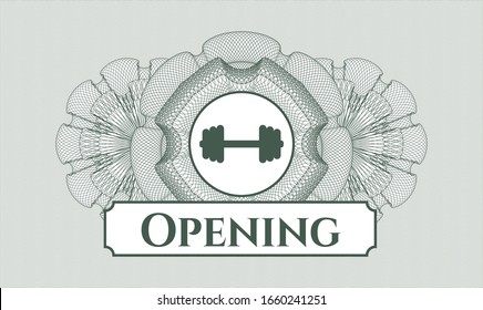 Green passport money rosette with big dumbbell icon and Opening text inside