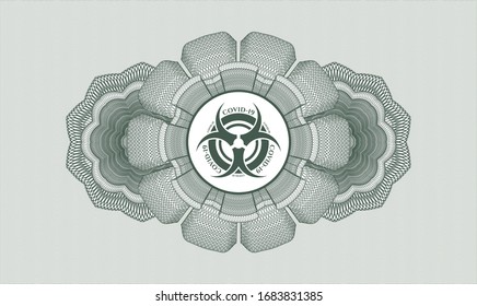 Green passport money rosette with biohazard covid-19 icon inside