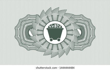Green passport money rosette with Bitcoin mining trolley icon inside