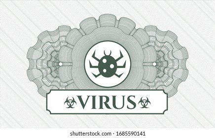 Green passport money rosette with bug icon and Virus text inside