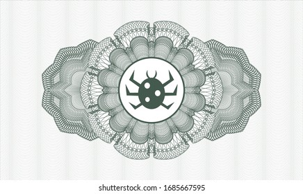 Green passport money rosette with bug icon inside