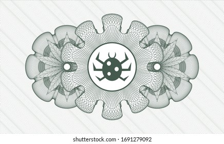 Green passport money rosette with bug icon inside