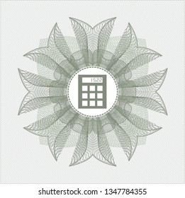 Green passport money rosette with calculator icon inside