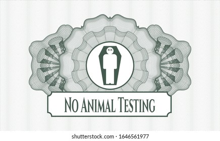 Green passport money rosette with dead man in his coffin icon and No Animal Testing text inside