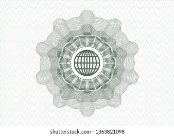 Green passport money rosette with globe, website icon inside