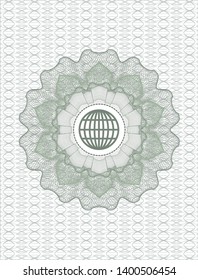 Green passport money rosette with globe, website icon inside