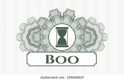 Green passport money rosette with hourglass icon and Boo text inside