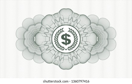 Green passport money rosette with laurel wreath with money symbol inside icon inside