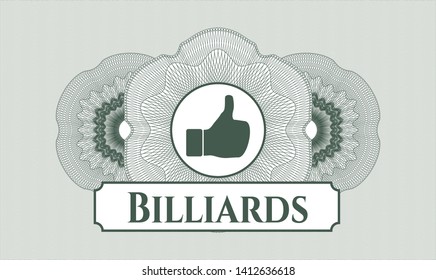 Green passport money rosette with like icon and Billiards text inside