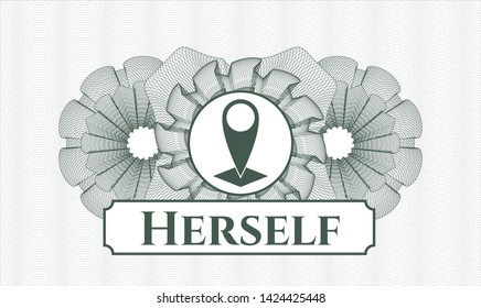 Green passport money rosette with map pointer icon and Herself text inside