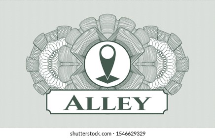 Green passport money rosette with map pointer icon and Alley text inside