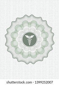 Green passport money rosette with medicine icon inside