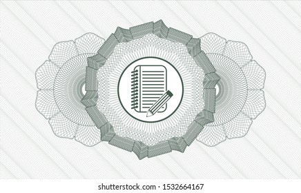 Green passport money rosette with notebook with pencil icon inside