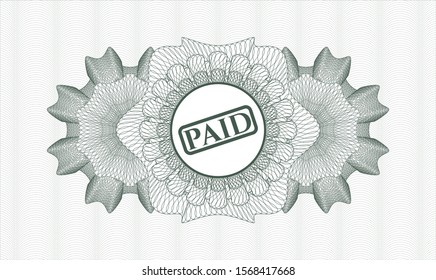 Green passport money rosette with paid icon inside