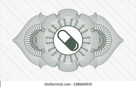 Green passport money rosette with pill icon inside