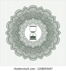 Green passport money rosette with sand clock icon inside