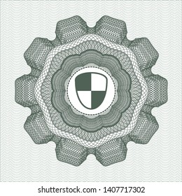 Green passport money rosette with shield, safety icon inside