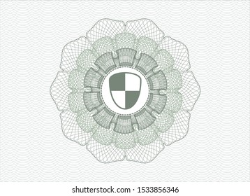 Green passport money rosette with shield, safety icon inside