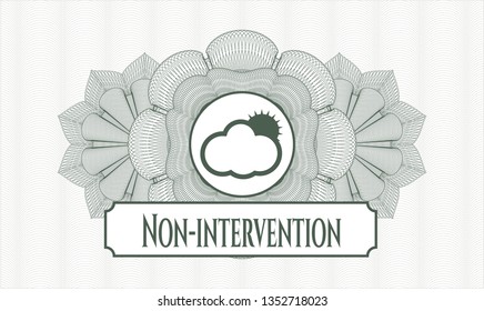 Green passport money rosette with sun behind cloud icon and Non-intervention text inside