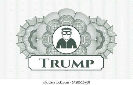 Green passport money rosette with thief icon and Trump text inside