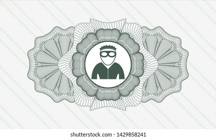 Green passport money rosette with thief icon inside