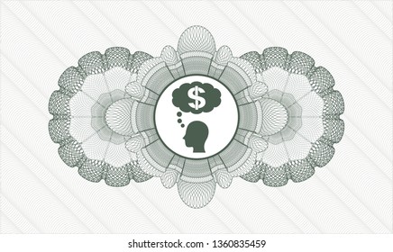 Green passport money rosette with thinking in money icon inside