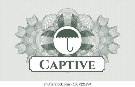 Green passport money rosette with umbrella icon and Captive text inside