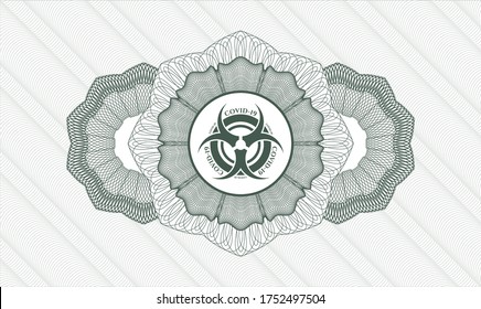 Green Pass Geld Rosette. Vektorgrafik. Detaillierte Angaben mit dem Covid-19-Symbol für Biogefährdung