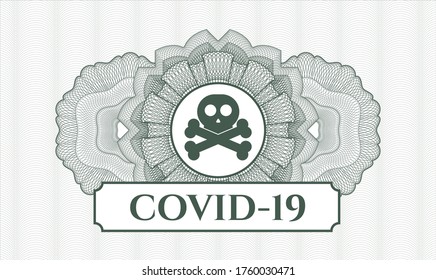 Green passport money rosette. Vector Illustration. Detailed with crossbones icon and COVID-19 text inside