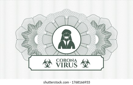 Green passport money rosette. Vector Illustration. Detailed with woman wearing face mask icon and Coronavirus text inside