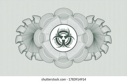 Green Pass Geld Rosette. Vektorgrafik. Detaillierte Angaben mit dem Covid-19-Symbol für Biogefährdung