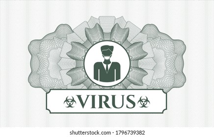 Green passport money rosette. Vector Illustration. Detailed with man wearing face mask icon and Virus text inside