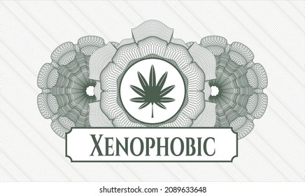 Green Pass Geld Rosette. Vektorgrafik. Detaillierte Angaben zu Marihuana-Blättern, Unkrautsymbol und fremdenfeindlichem Text