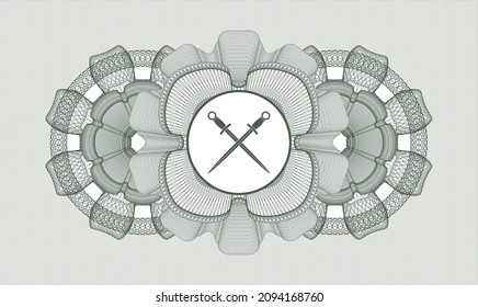 Green Pass Geld Rosette. Vektorgrafik. Detaillierte Angaben mit dem Symbol für gekreuzte Schwerter