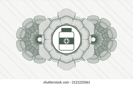 Green Pass Geld Rosette. Vektorgrafik. Detaillierte Angaben mit dem Symbol der Arzneimittelflasche
