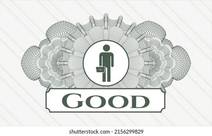 Green passport money rosette. Vector Illustration. Detailed with businessman holding briefcase icon and Good text inside