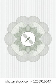 Green passport money style rosette with satelite icon inside