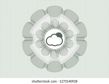 Green passport money style rosette with sun behind cloud icon inside