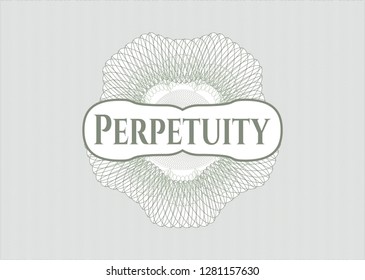 Green passport money style rosette with text Perpetuity inside