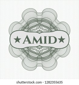 Green passport money style rosette with text Amid inside