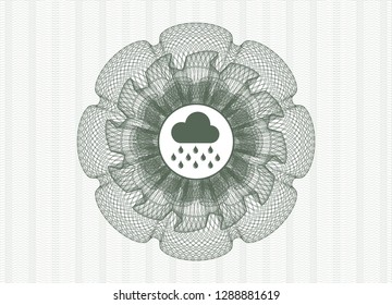 Green passport money style rosette with rain icon inside