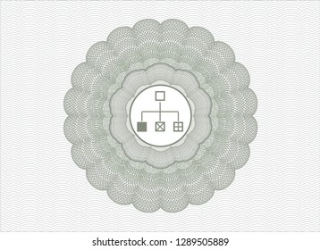Green passport money style rosette with flowchart icon inside