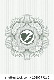 Green passport money style rosette with broken heart icon inside