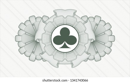 Green passport money style rosette with poker clover icon inside