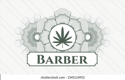 Green passport money style rosette with weed leaf icon and Barber text inside