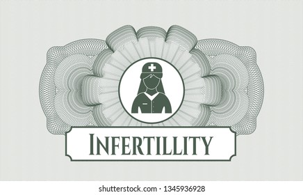 Green passport money style rosette with nurse icon and Infertillity text inside
